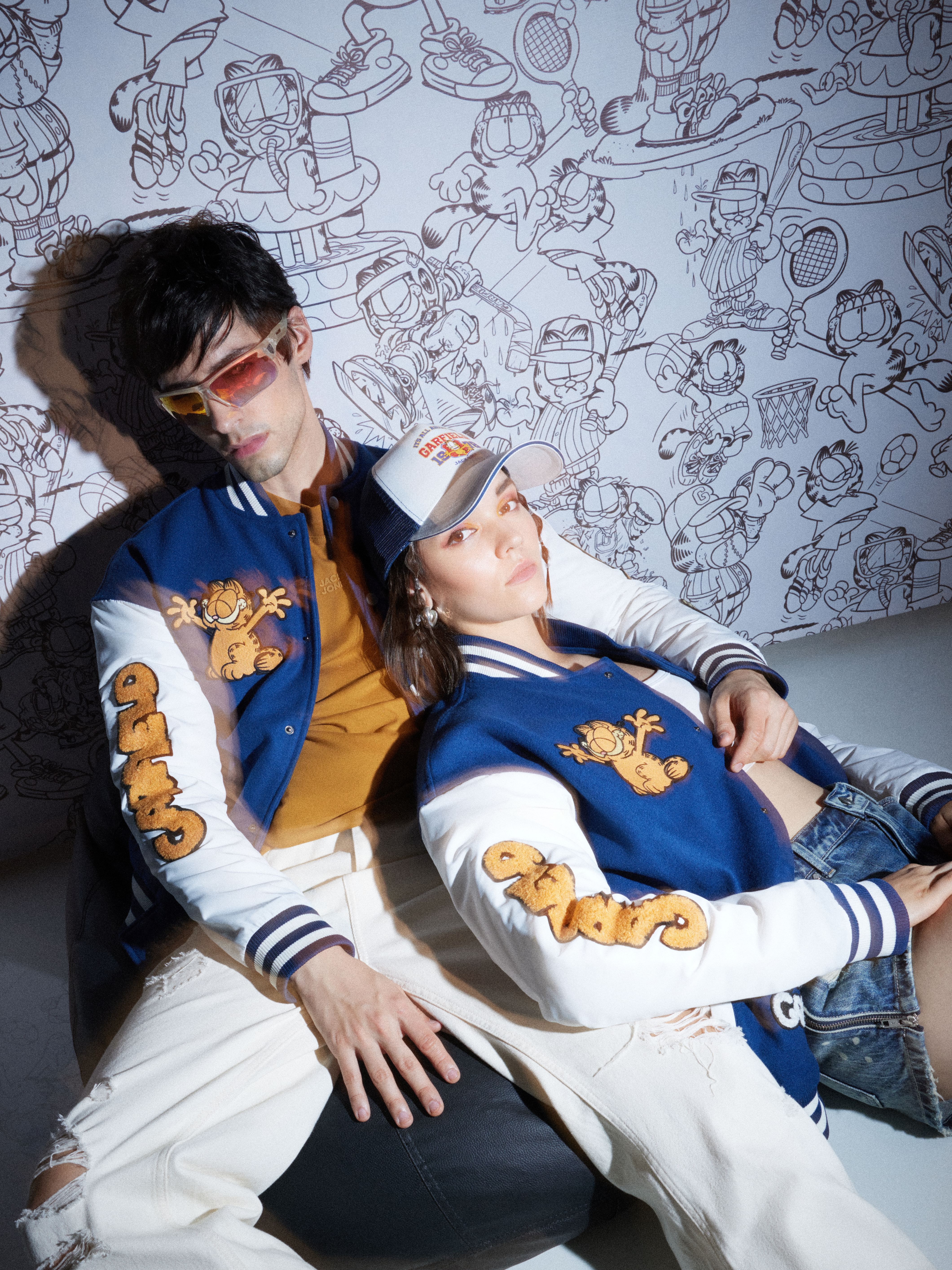 JACK&JONES X GARFIELD Blue Applique Patchwork Bomber Jacket