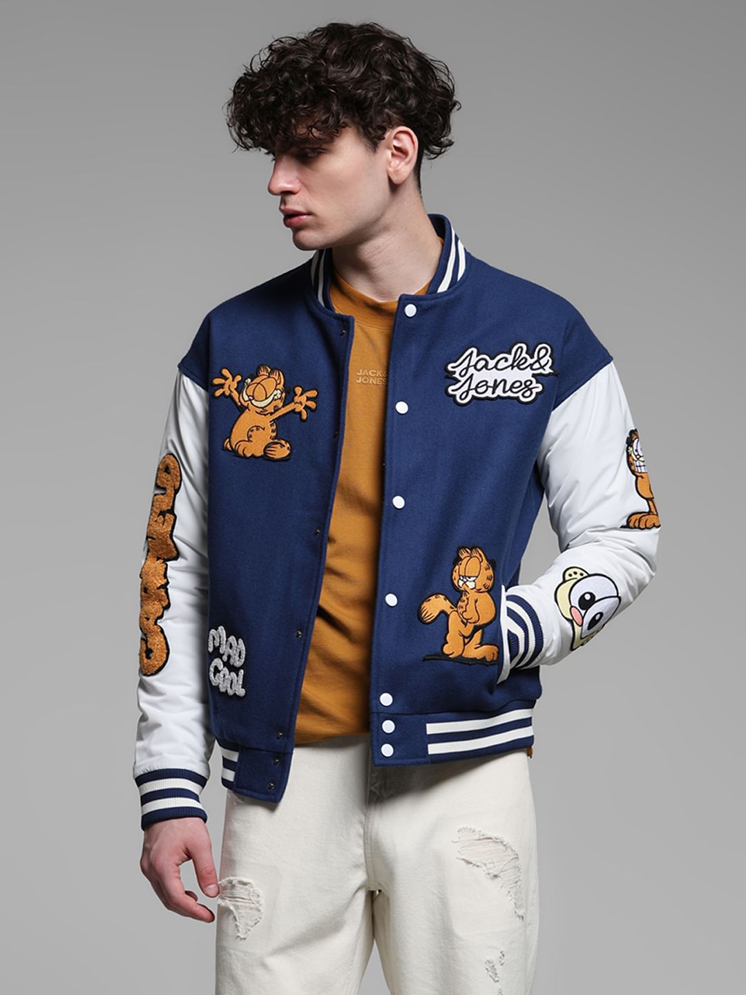 JACK&JONES X GARFIELD Blue Applique Patchwork Bomber Jacket