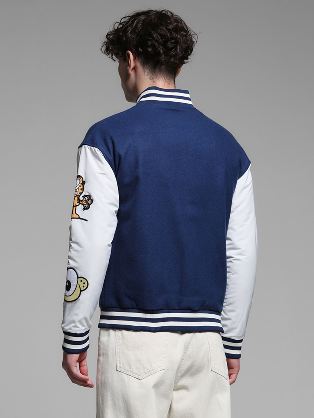 JACK&JONES X GARFIELD Blue Applique Patchwork Bomber Jacket