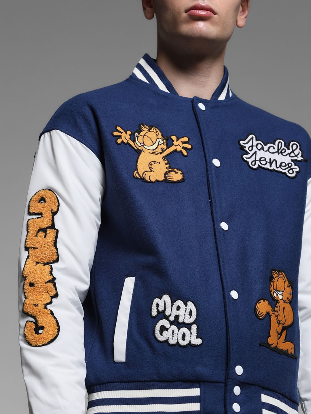 JACK&JONES X GARFIELD Blue Applique Patchwork Bomber Jacket