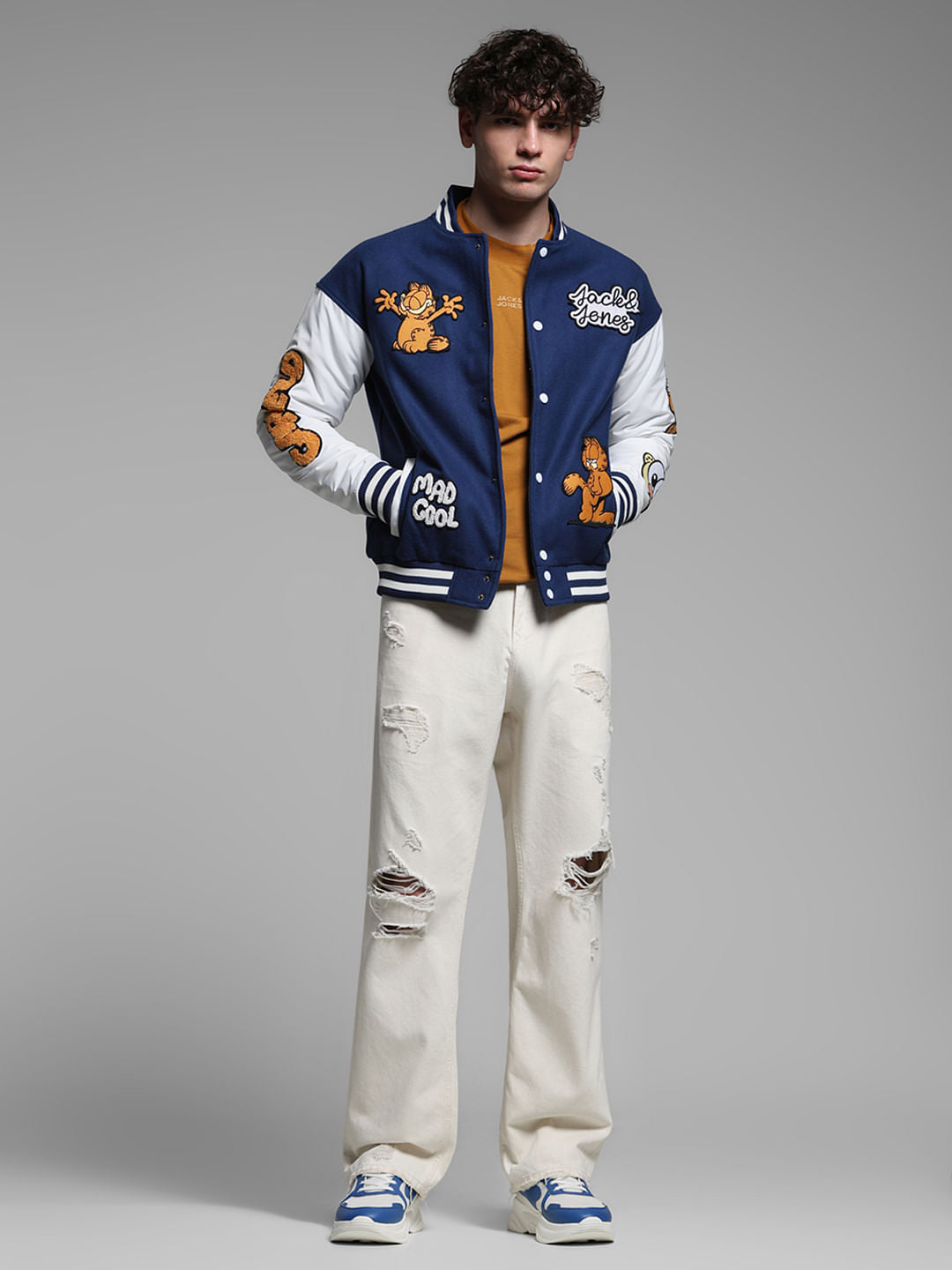 JACK&JONES X GARFIELD Blue Applique Patchwork Bomber Jacket