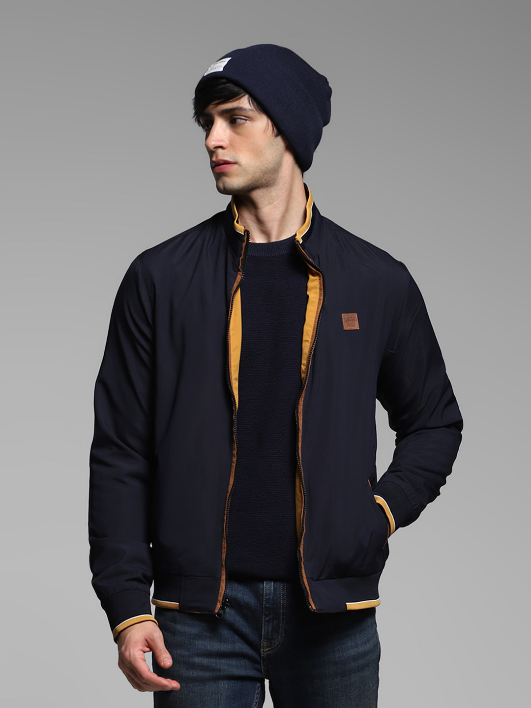 Men's Navy Blue Reversible Bomber Jacket With High Neck