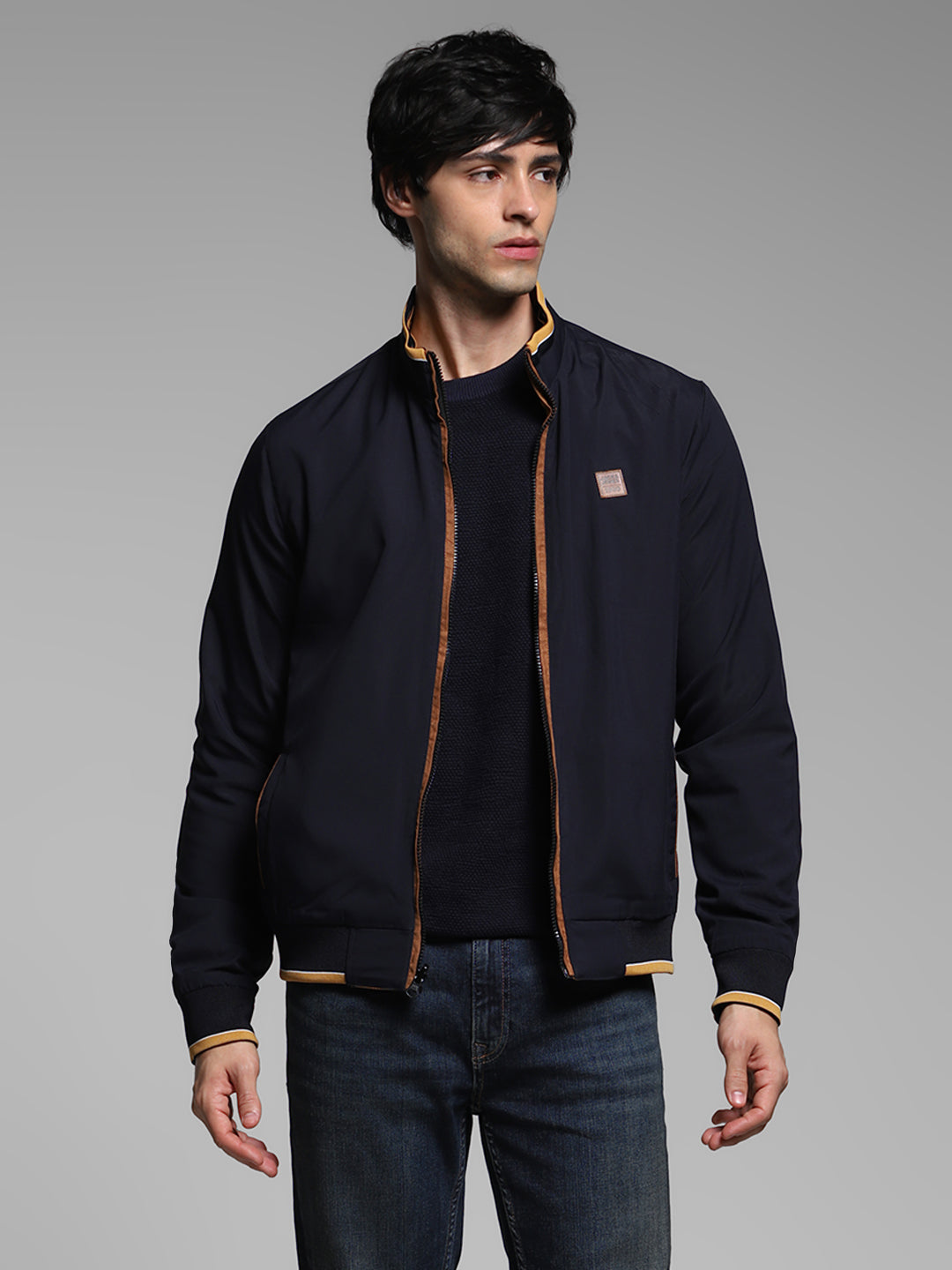 Men's Navy Blue Reversible Bomber Jacket With High Neck