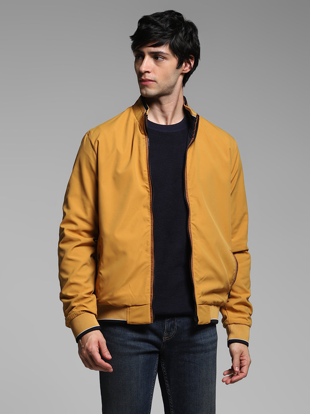 Men's Navy Blue Reversible Bomber Jacket With High Neck