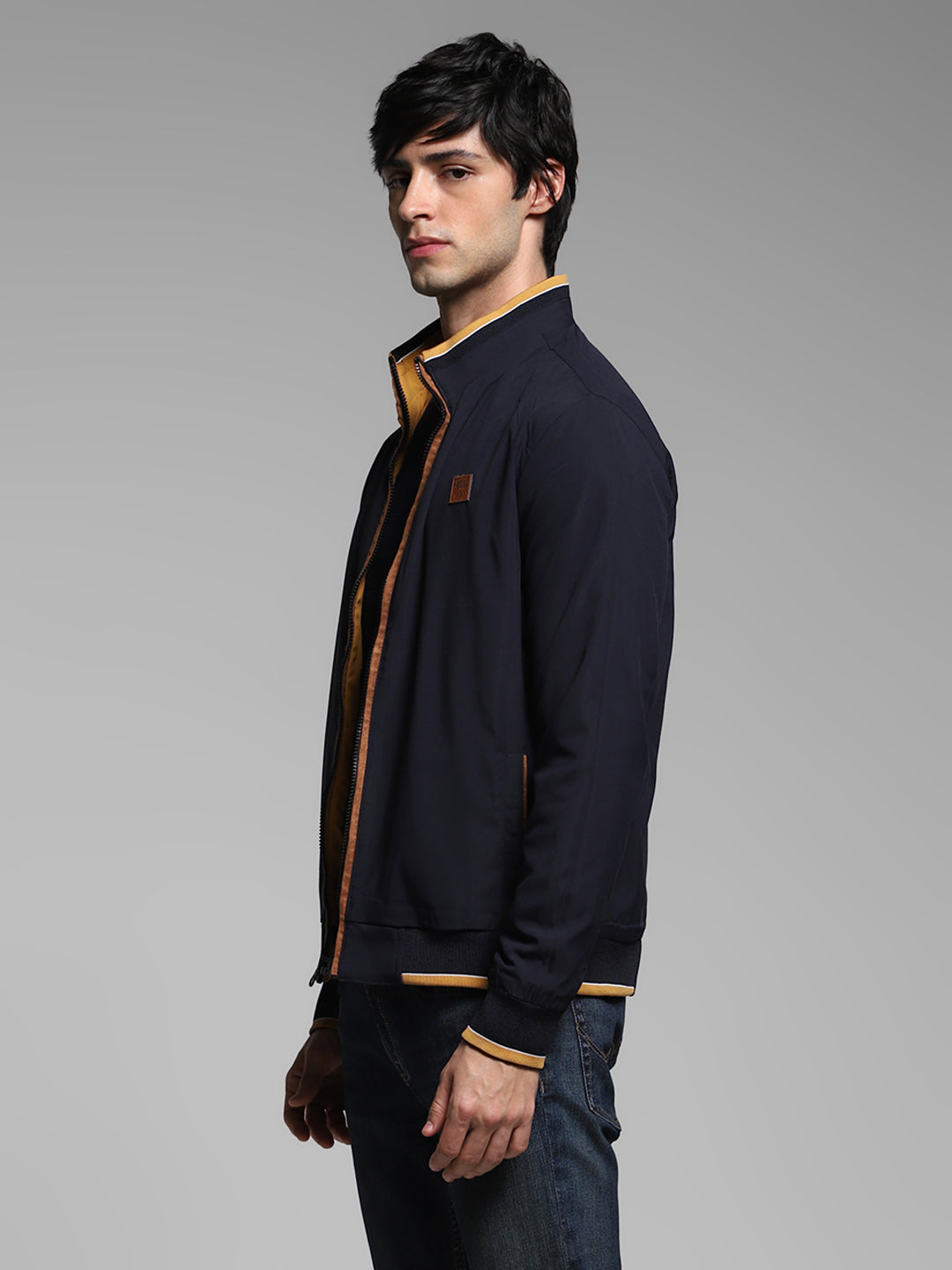Men's Navy Blue Reversible Bomber Jacket With High Neck