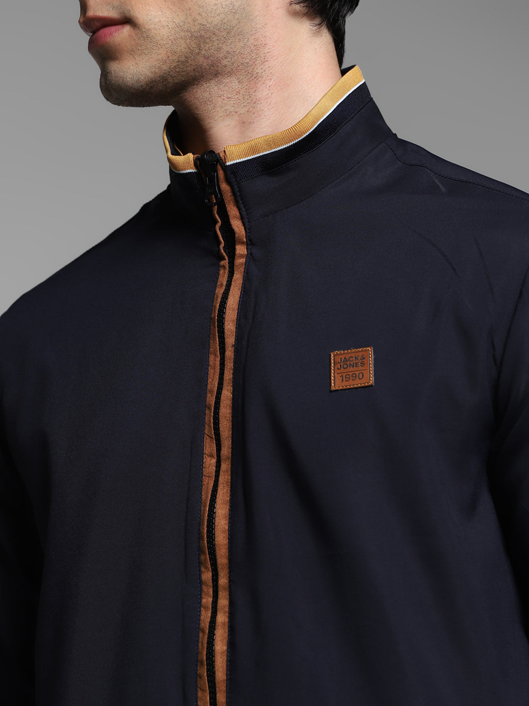 Men's Navy Blue Reversible Bomber Jacket With High Neck