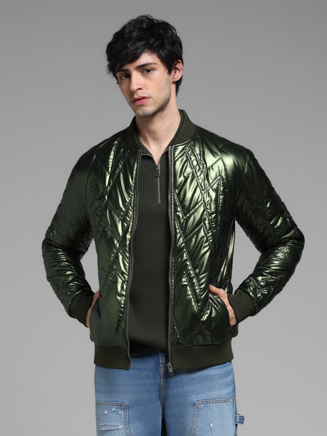 Metallic Quilted Bomber Jacket