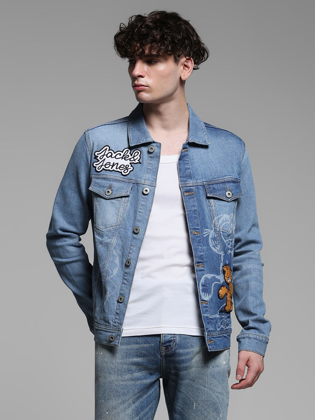 JACK&JONES X GARFIELD Blue Printed Denim Trucker Jacket