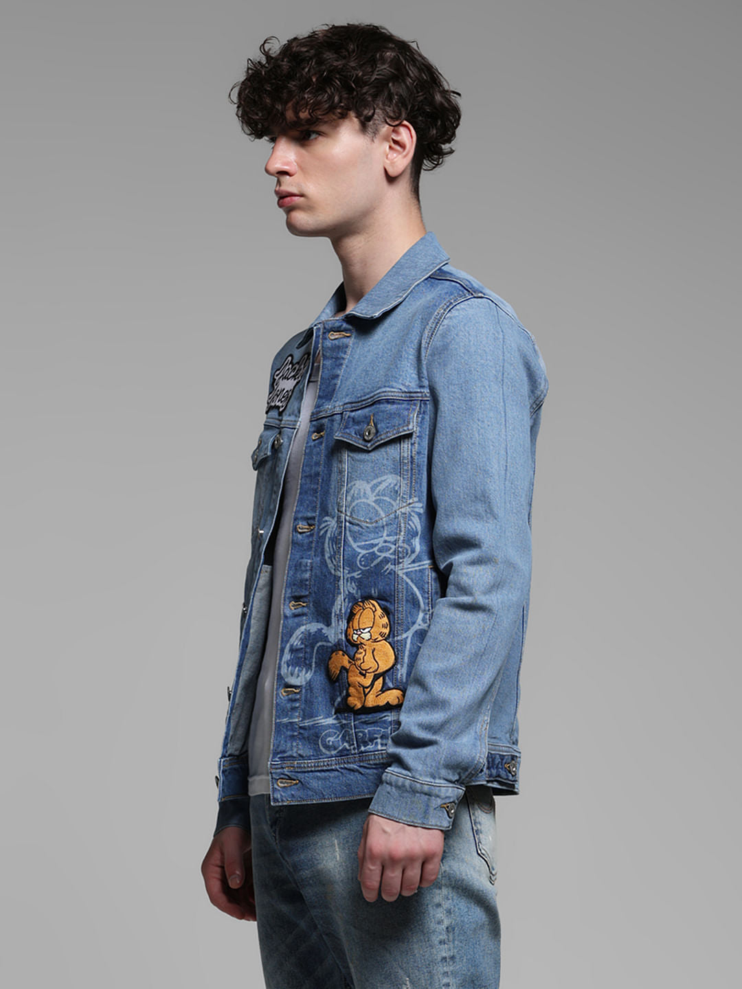 JACK&JONES X GARFIELD Blue Printed Denim Trucker Jacket