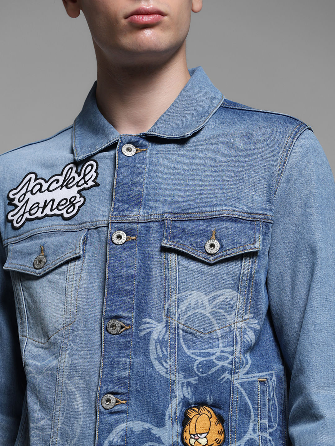 JACK&JONES X GARFIELD Blue Printed Denim Trucker Jacket