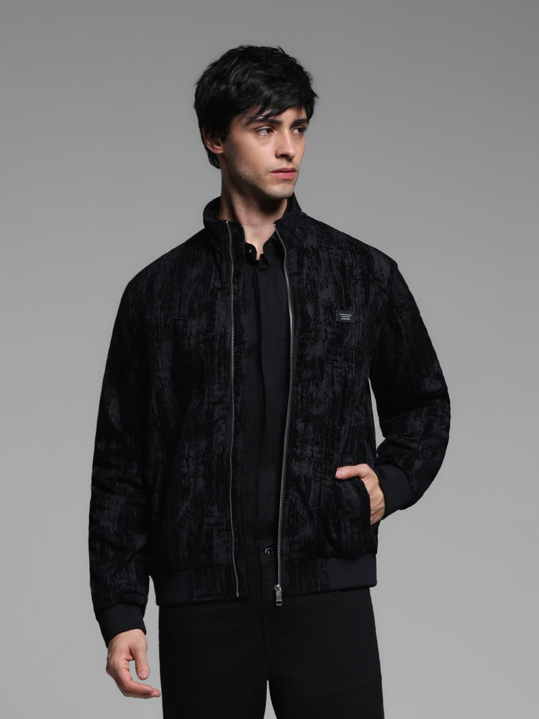 Black Flock Print Bomber Jacket