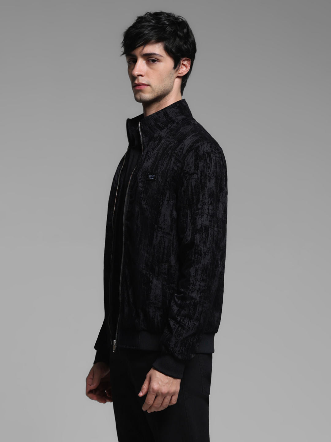 Black Flock Print Bomber Jacket