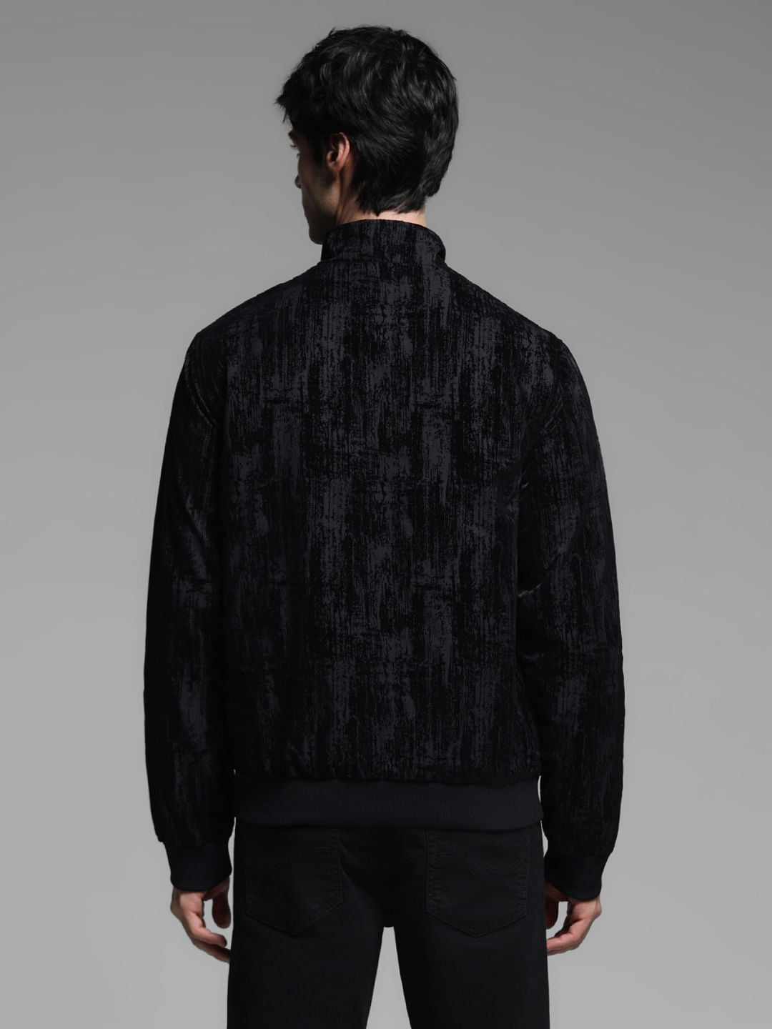 Black Flock Print Bomber Jacket