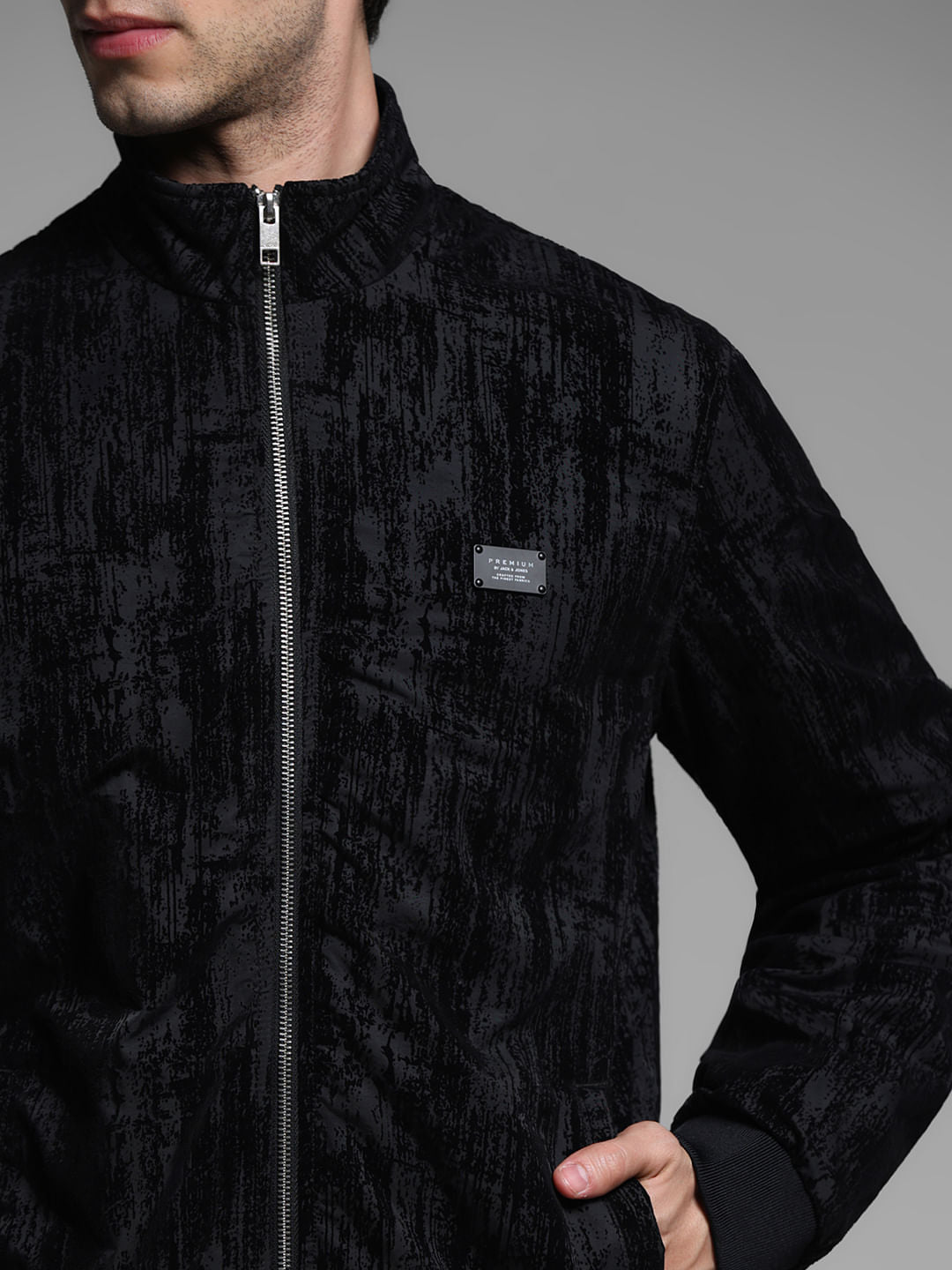 Black Flock Print Bomber Jacket