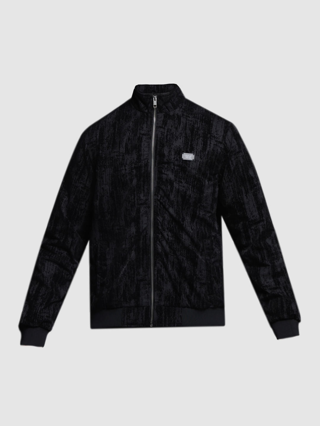 Black Flock Print Bomber Jacket