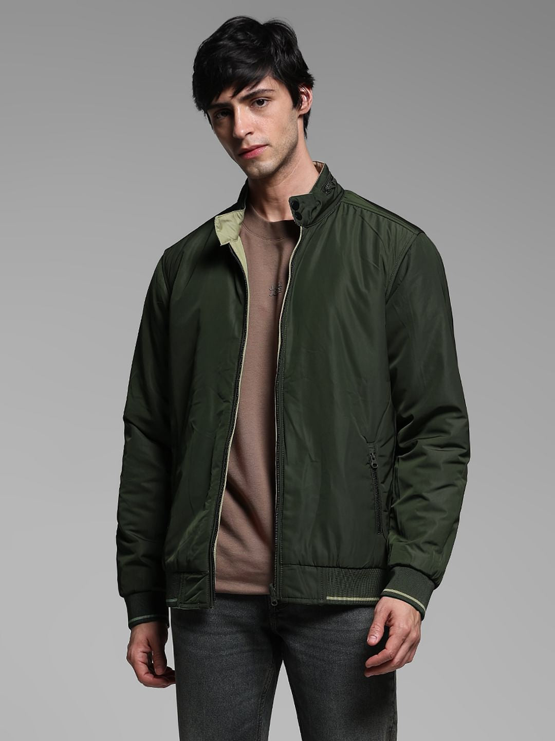 Olive Reversible High Neck Bomber Jacket