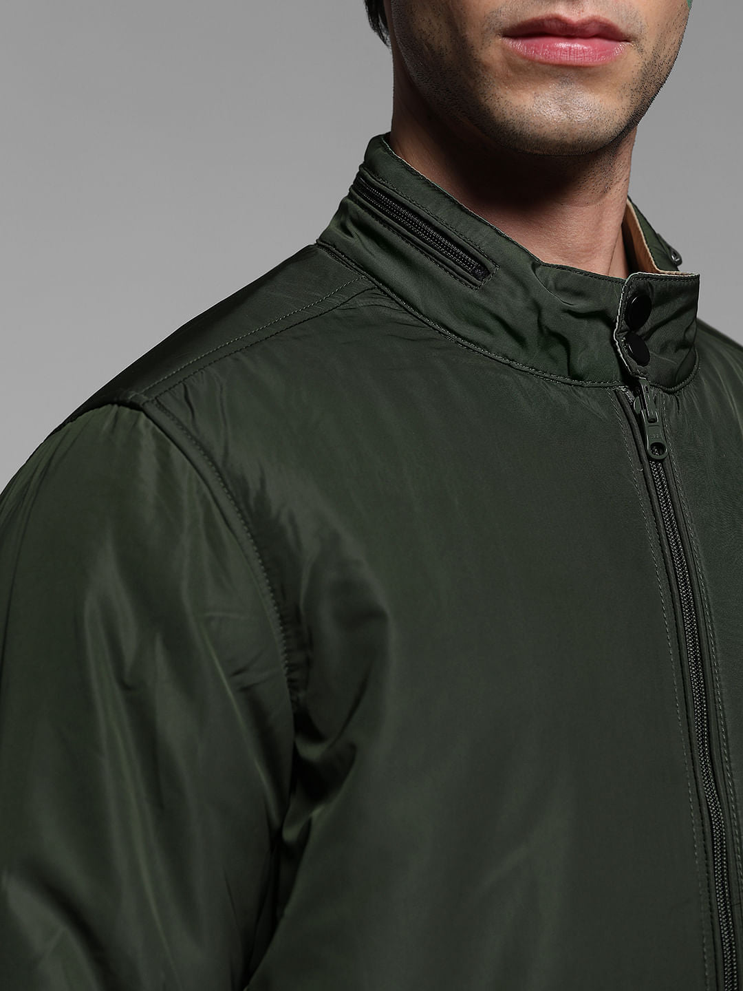 Olive Reversible High Neck Bomber Jacket