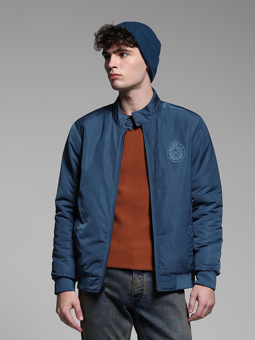 Dark Blue Reversible High Neck Bomber Jacket