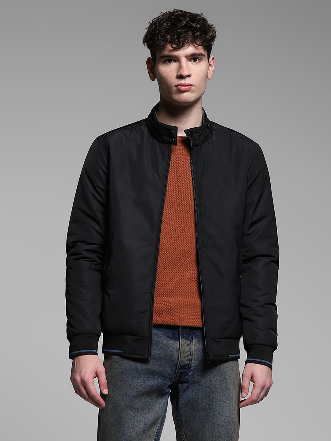 Dark Blue Reversible High Neck Bomber Jacket