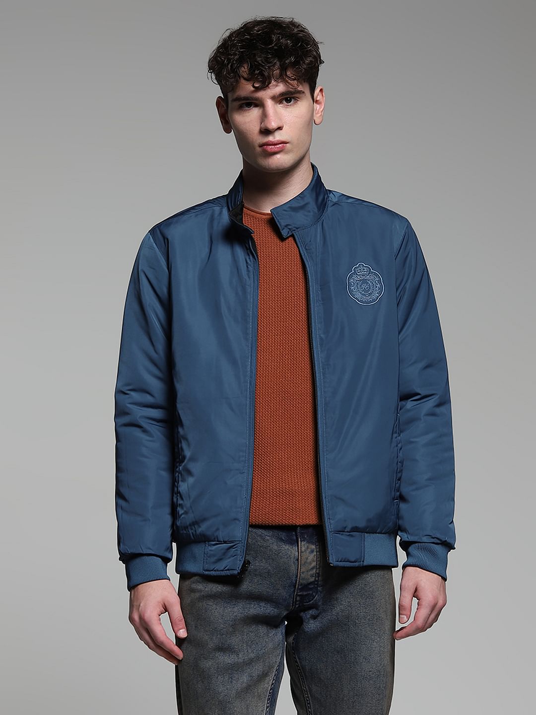 Dark Blue Reversible High Neck Bomber Jacket