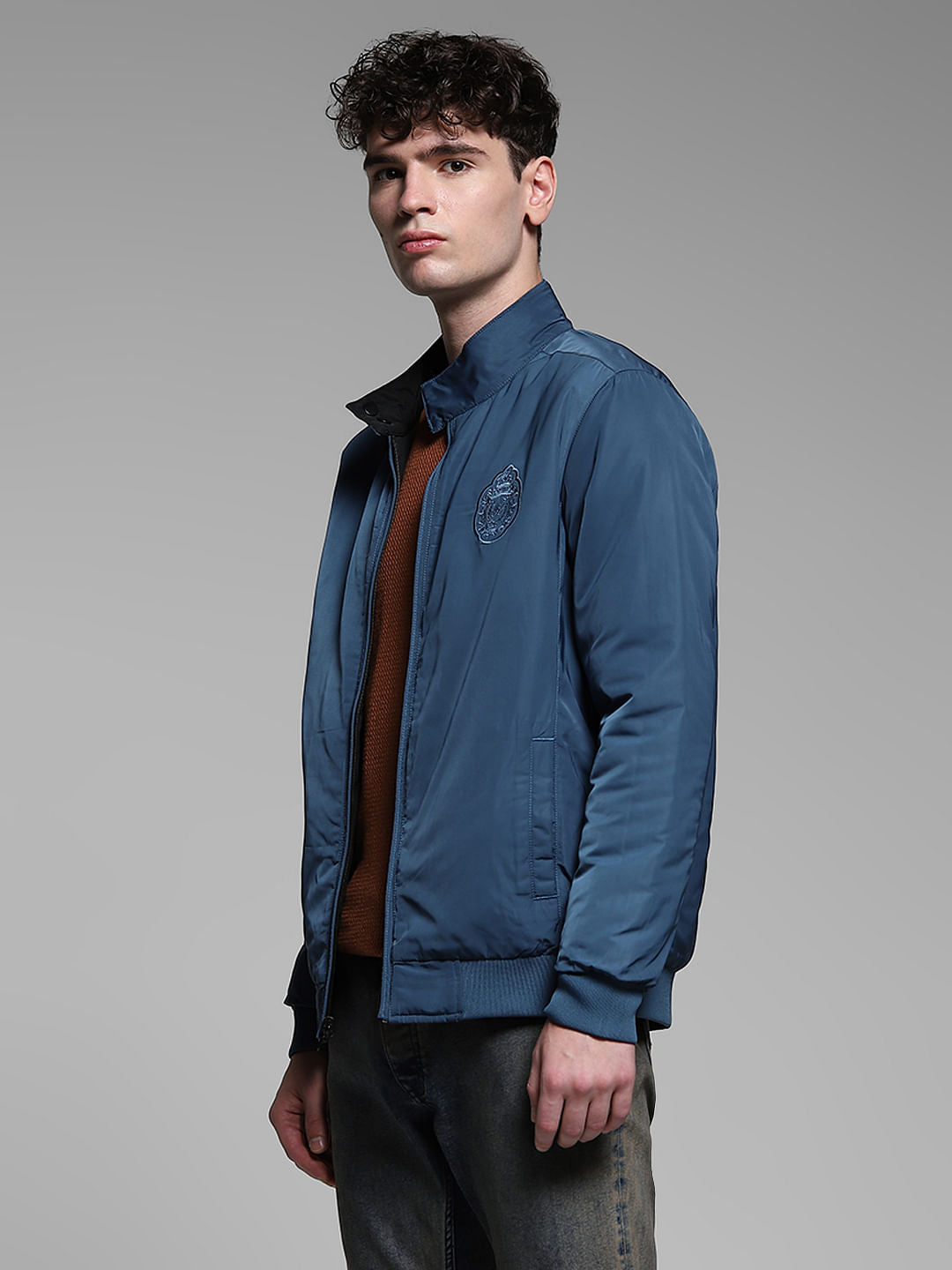 Dark Blue Reversible High Neck Bomber Jacket