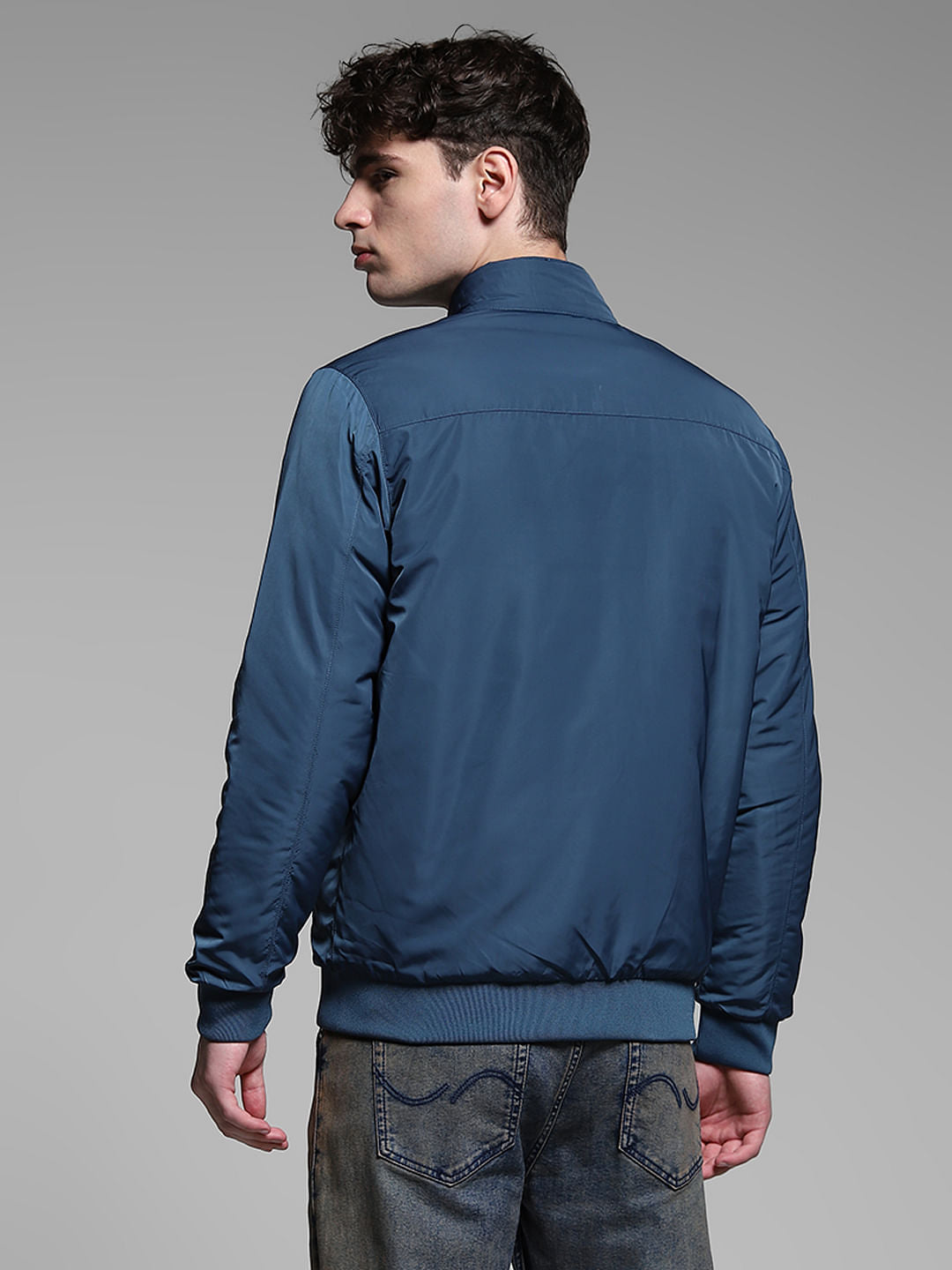 Dark Blue Reversible High Neck Bomber Jacket