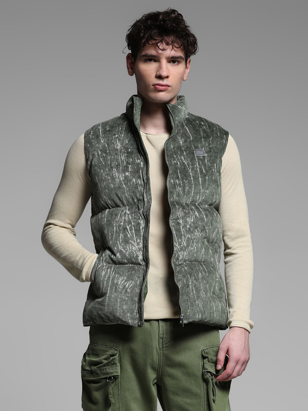 GREEN ABSTRACT PRINT VEST JACKET