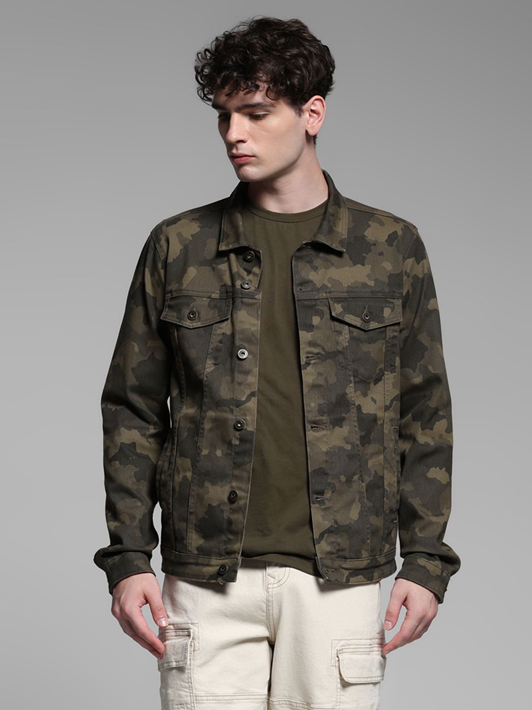 Olive Green Camo Print Jacket