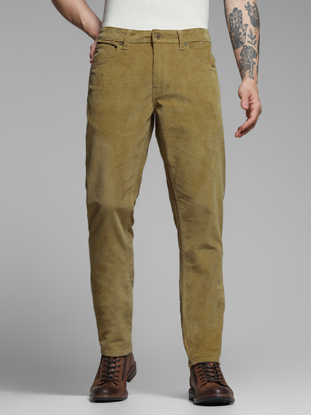 Men's Green Corduroy Chinos Regular Fit Low Rise
