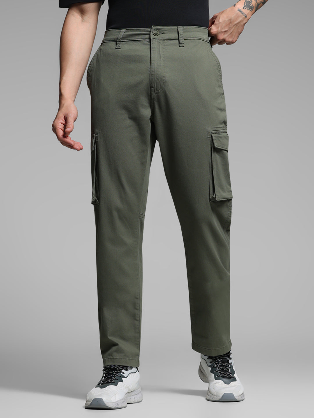 Men Olive Twill Stretch Cargo Pants Regular Fit