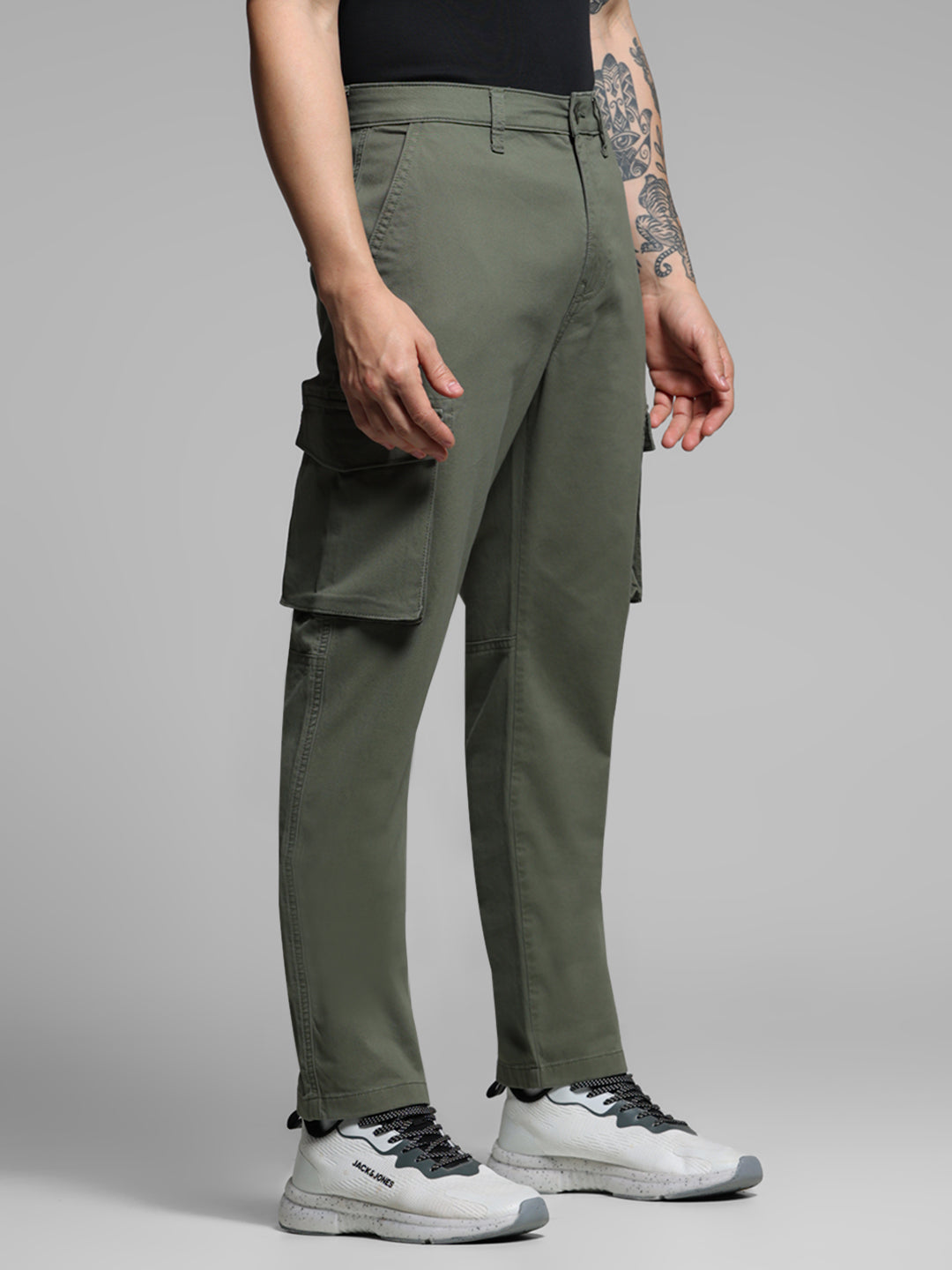 Men Olive Twill Stretch Cargo Pants Regular Fit