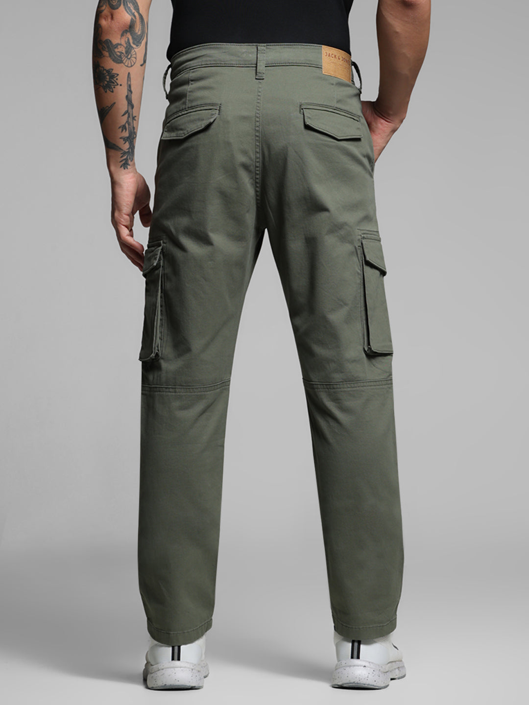 Men Olive Twill Stretch Cargo Pants Regular Fit
