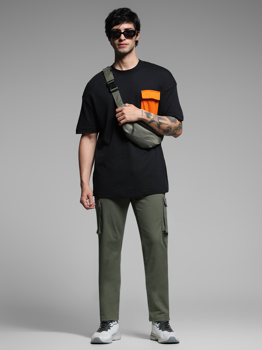 Men Olive Twill Stretch Cargo Pants Regular Fit