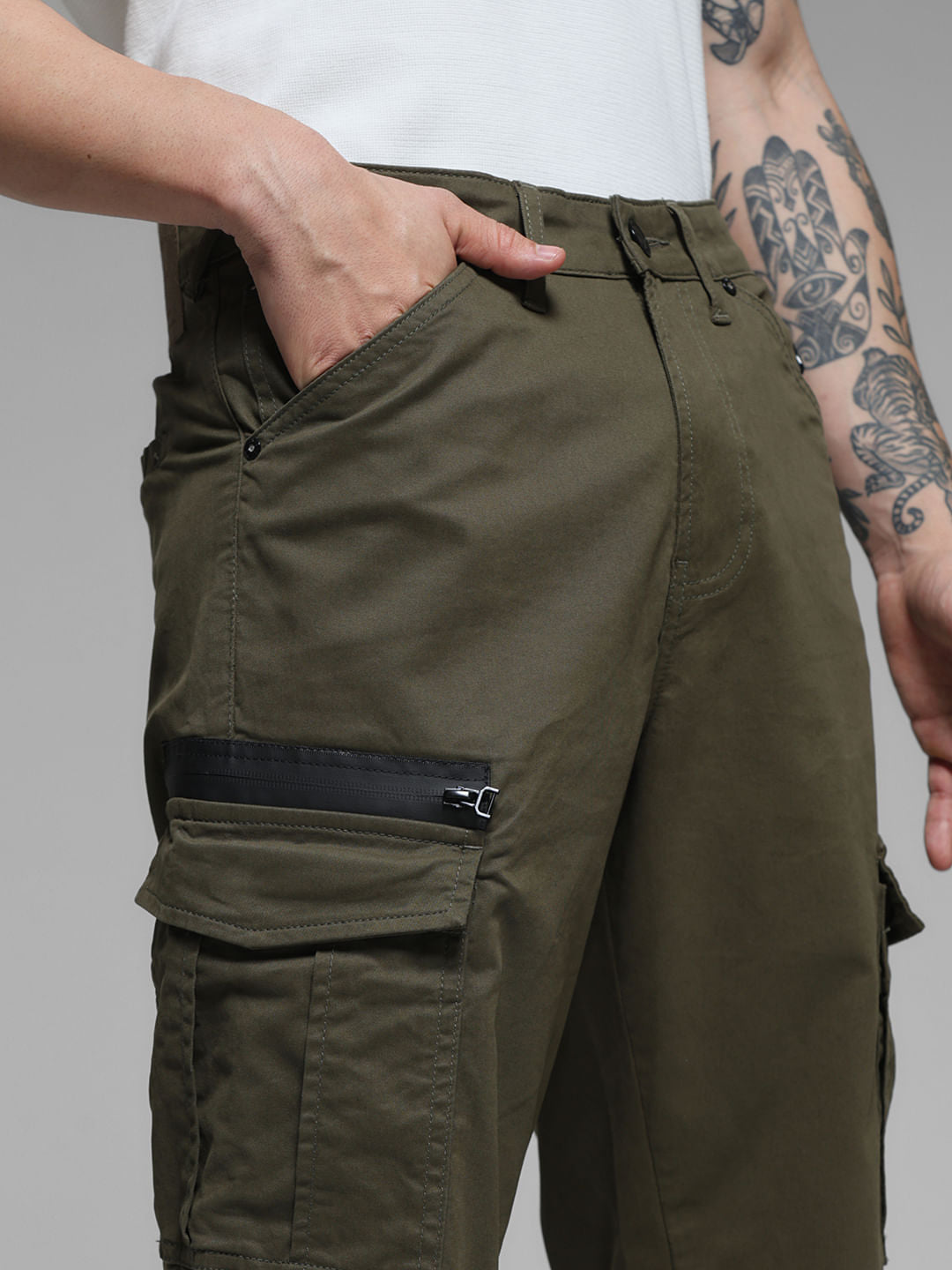 Olive Green Mid Rise Cargo Pants