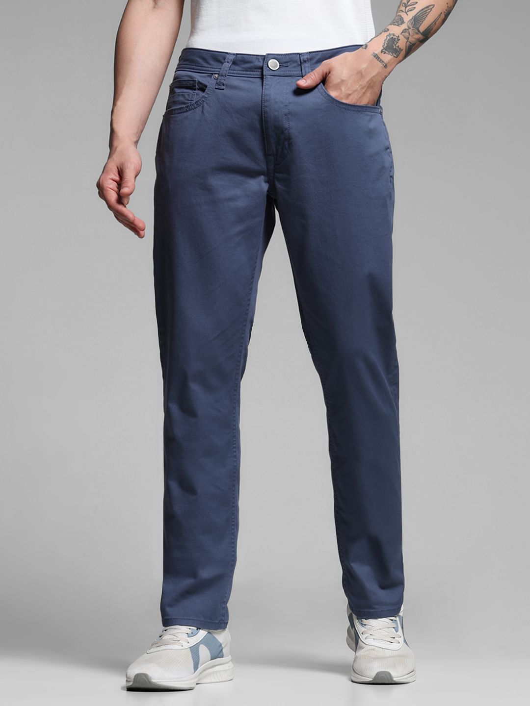 Dark Blue Twill Slim Fit Pants - Main Image