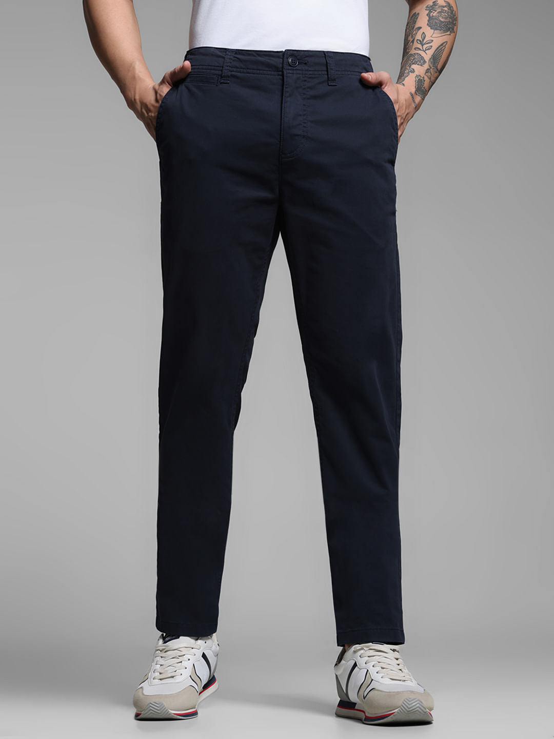 Navy Blue Mid Rise Twill Pants
