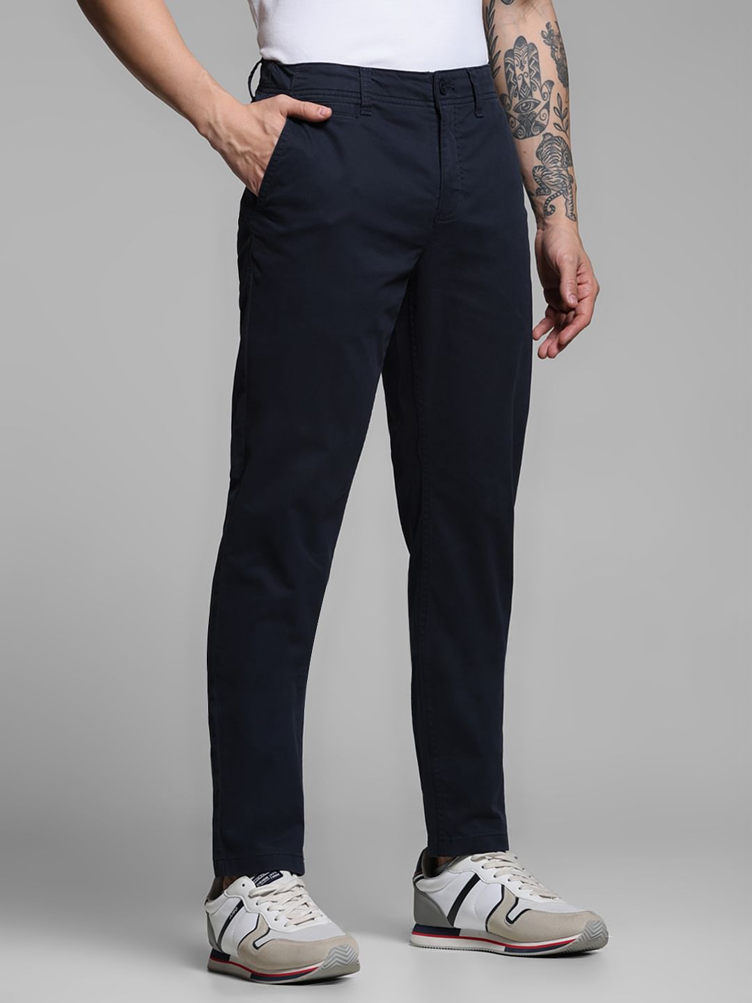 Navy Blue Mid Rise Twill Pants