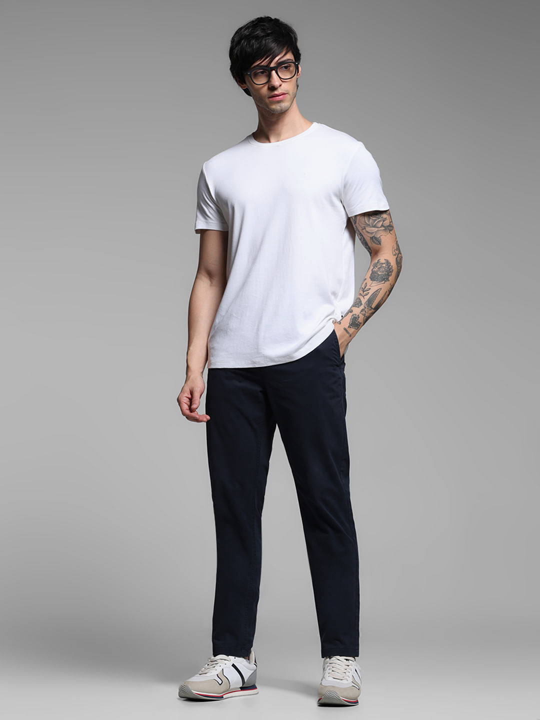 Navy Blue Mid Rise Twill Pants