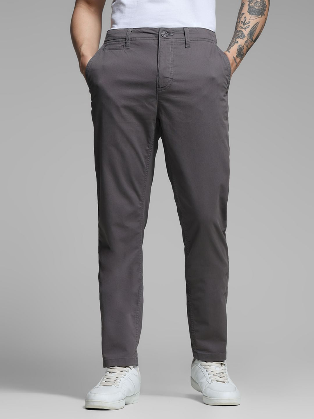 Grey Mid Rise Twill Pants