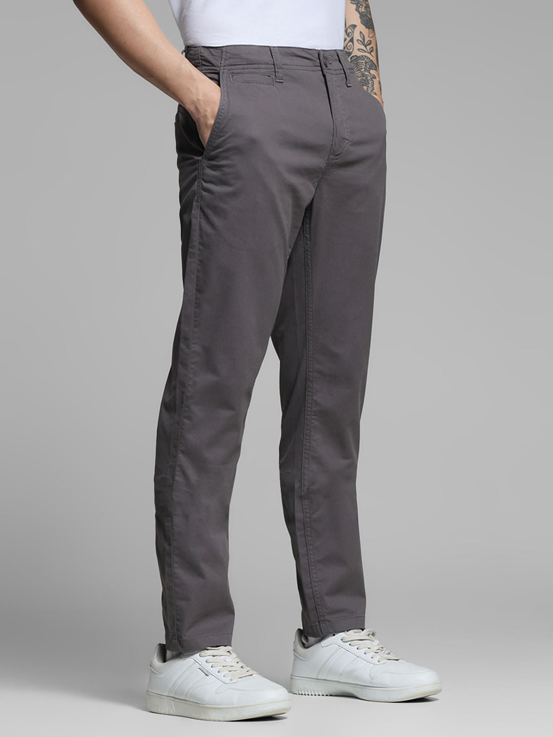Grey Mid Rise Twill Pants