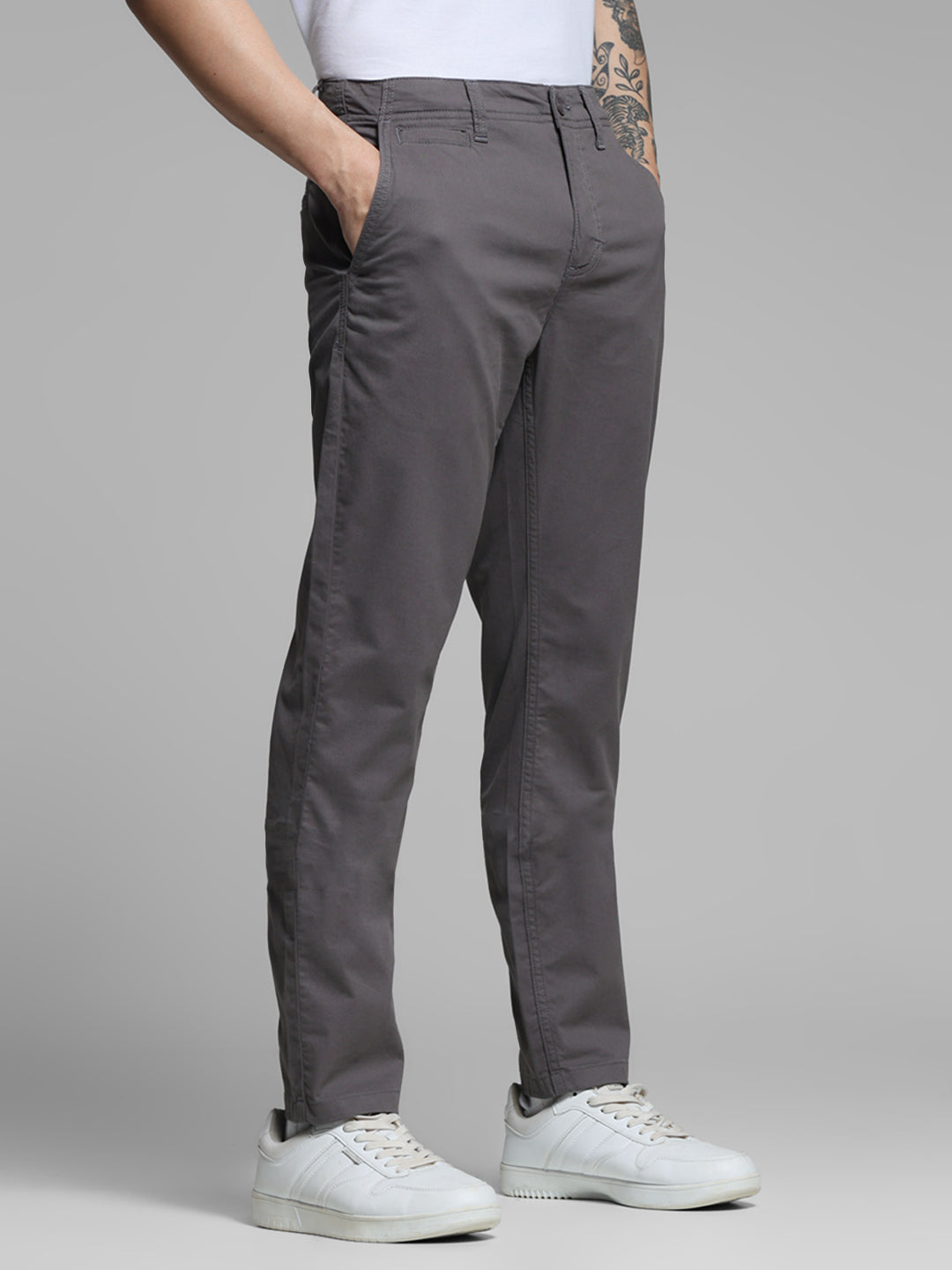 Men's Grey Stretch Cotton Twill Chinos - Regular Fit