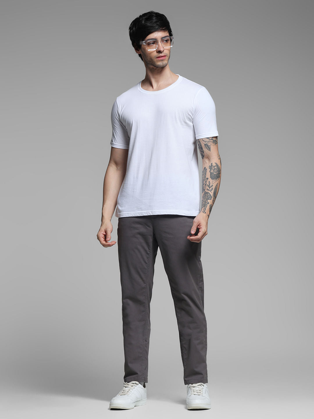 Grey Mid Rise Twill Pants