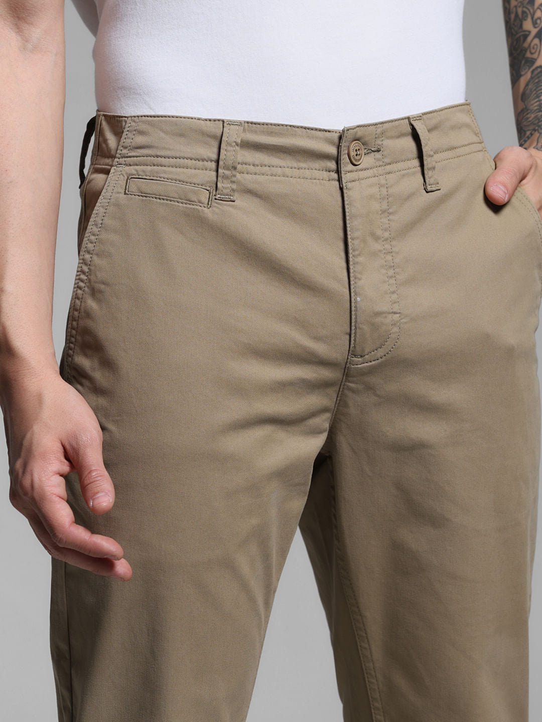 Beige Mid Rise Twill Pants