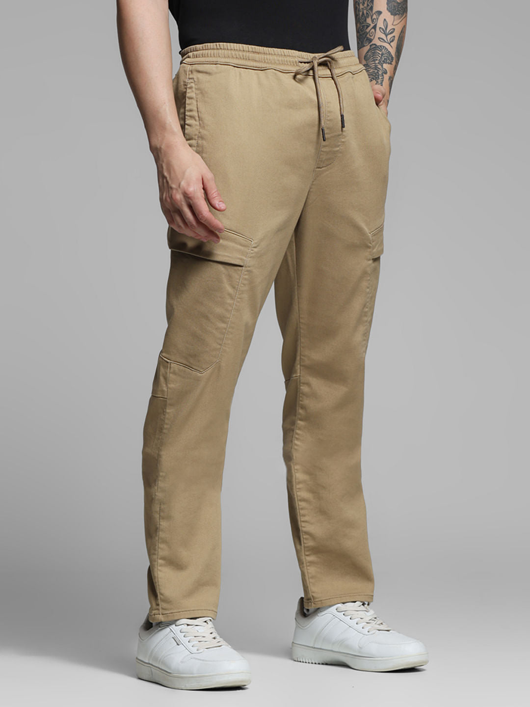 Beige Mid Rise Knitted Cargos