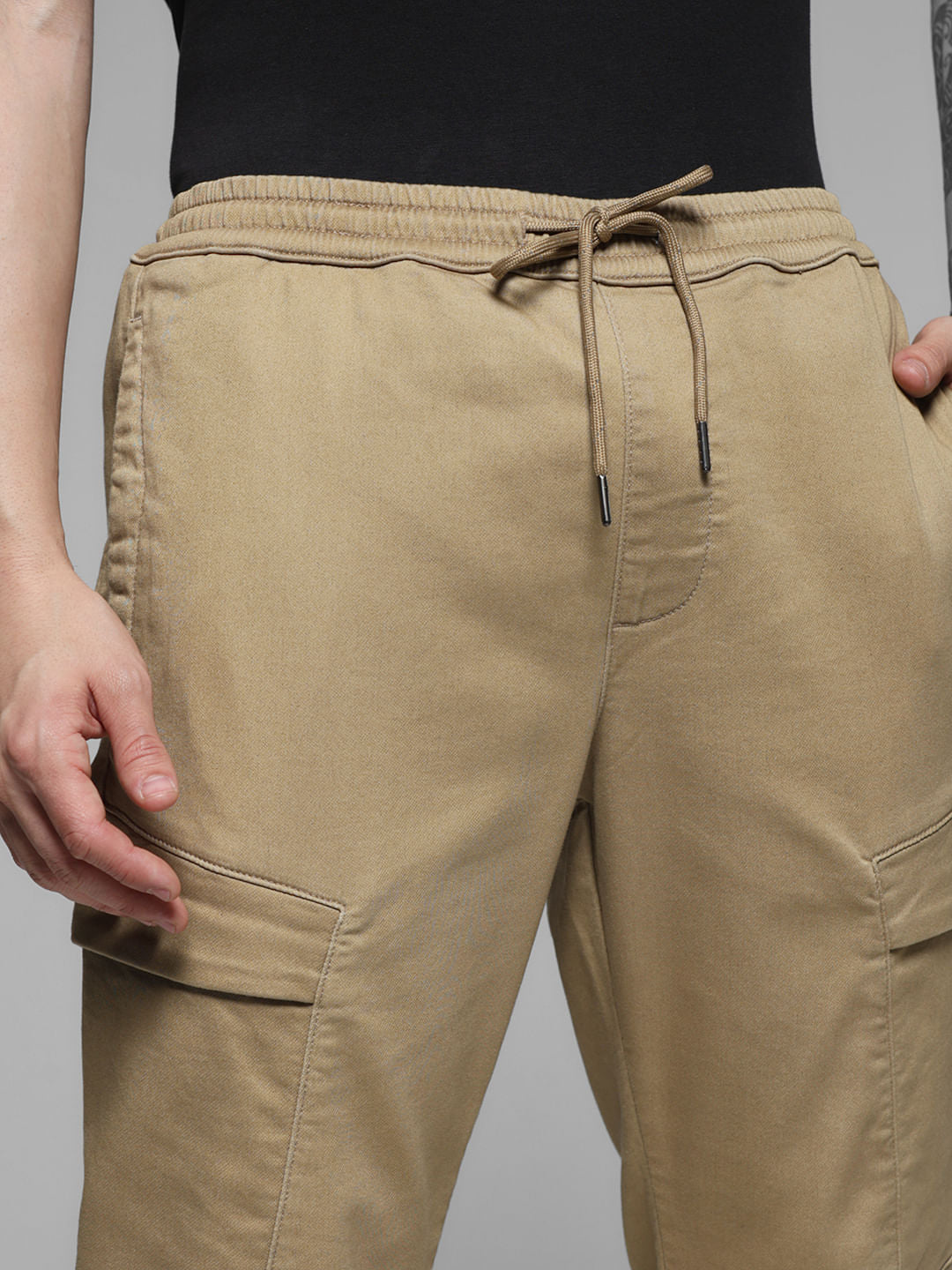 Beige Mid Rise Knitted Cargos