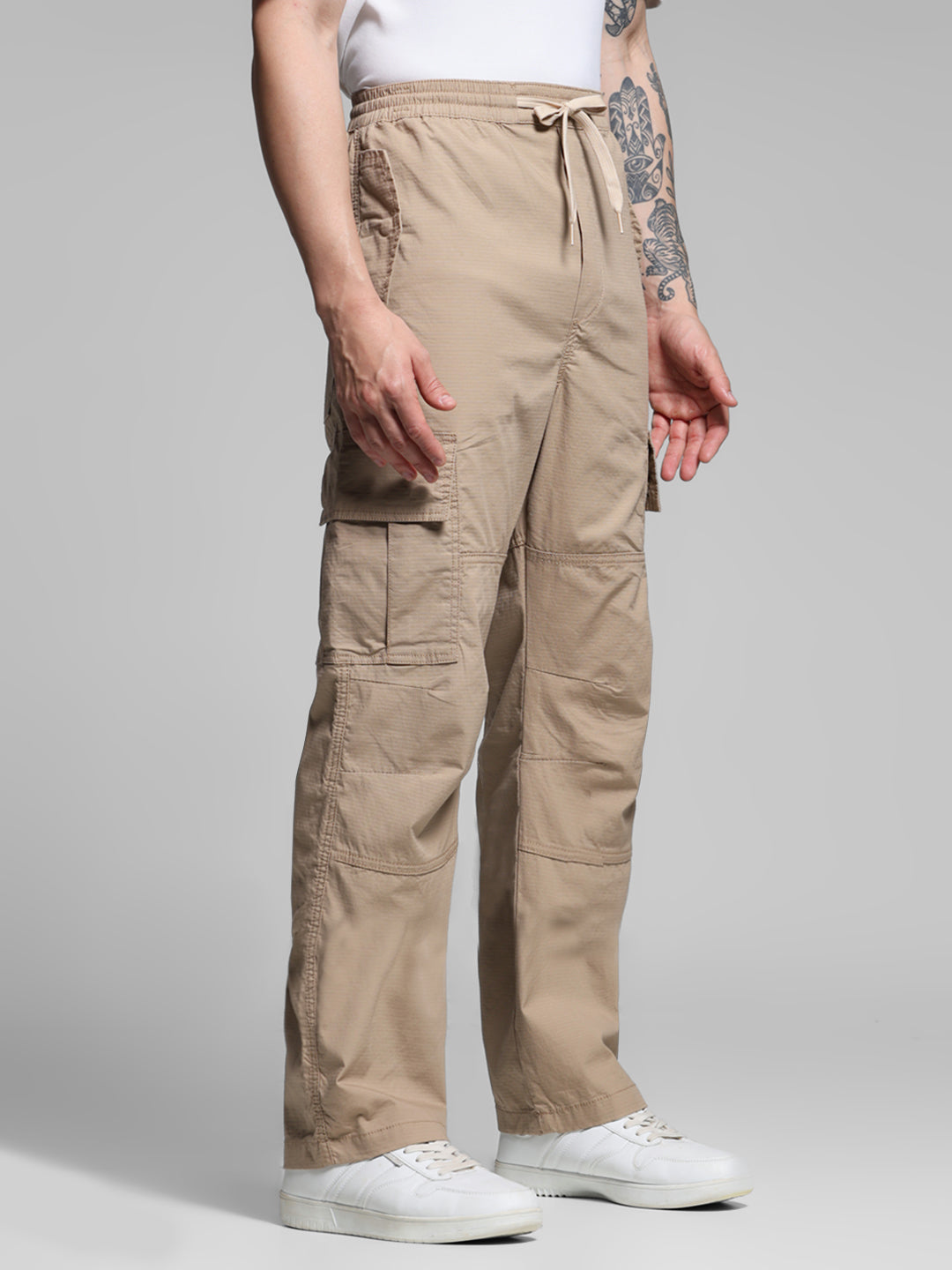 Men's Beige Cotton Cargo Pants With Drawstring Waist
