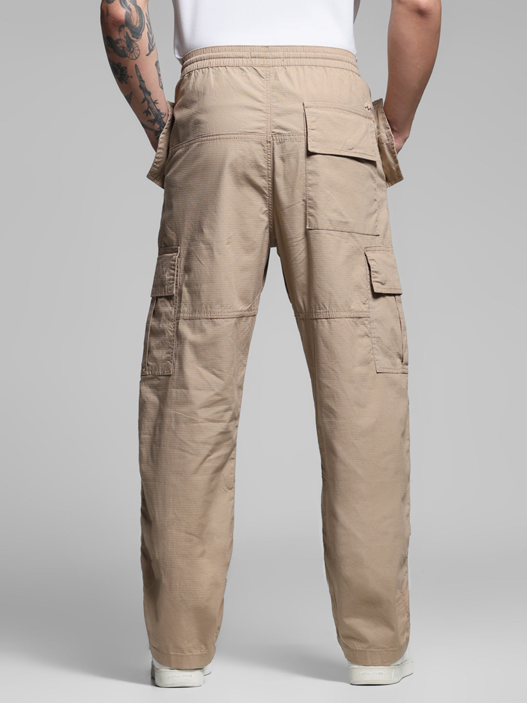 Men's Beige Cotton Cargo Pants With Drawstring Waist