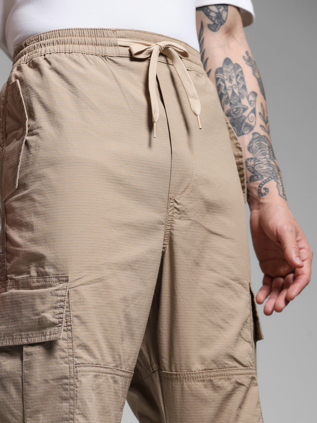 Men's Beige Cotton Cargo Pants With Drawstring Waist