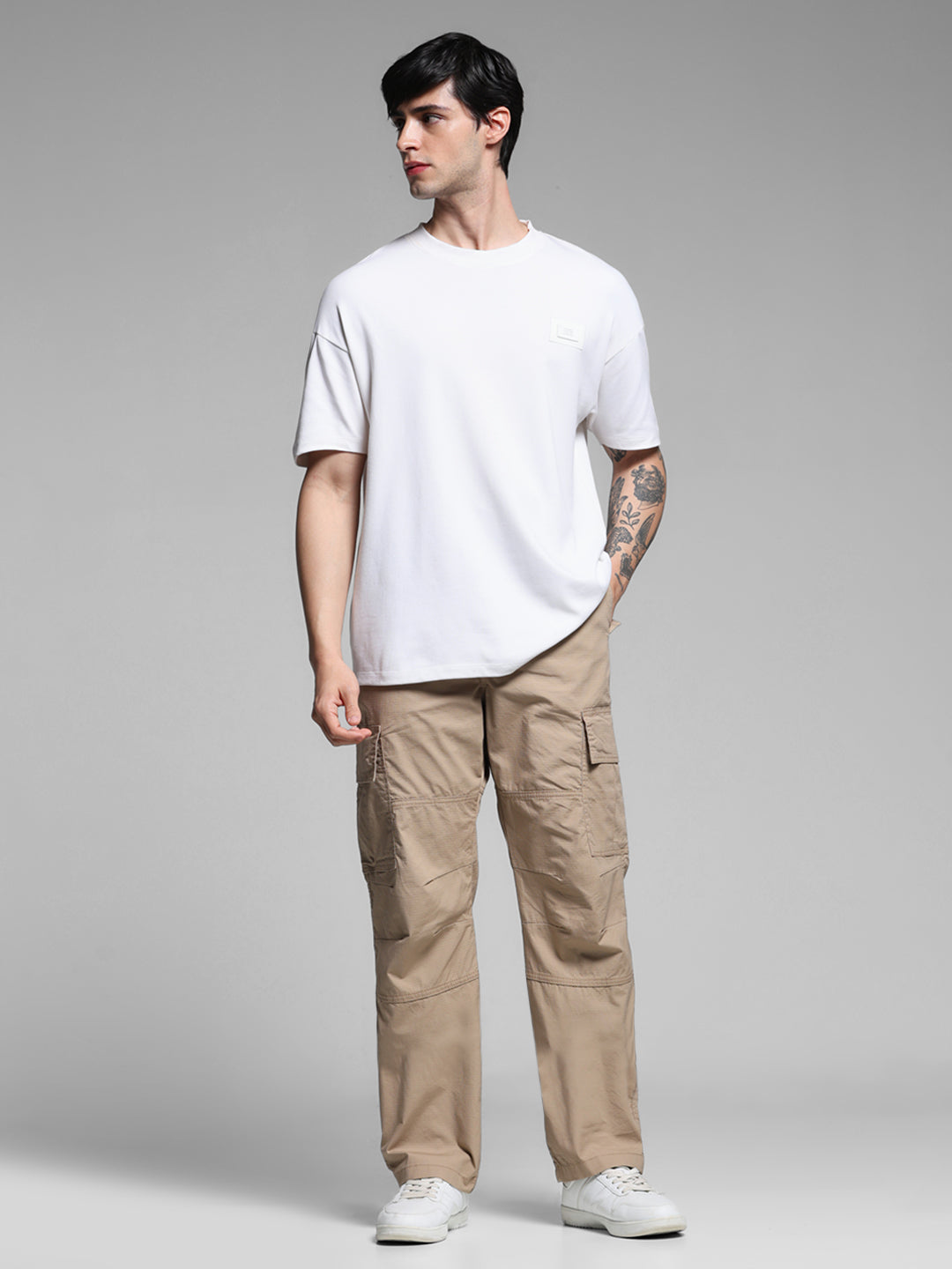 Men's Beige Cotton Cargo Pants With Drawstring Waist