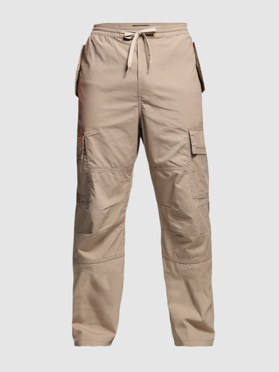 Men's Beige Cotton Cargo Pants With Drawstring Waist